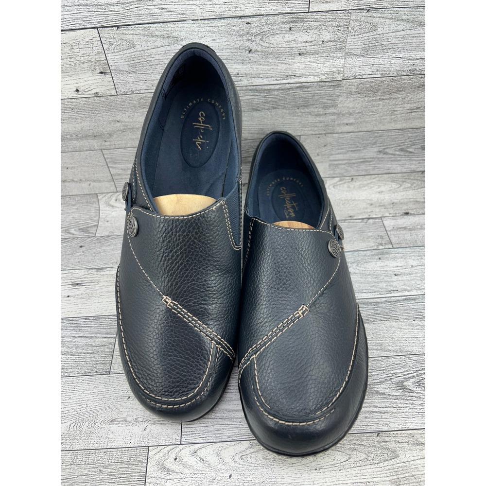 Clarks Collection Navy Leather Slip On Loafers Women 10W Ultimate Comfort Button